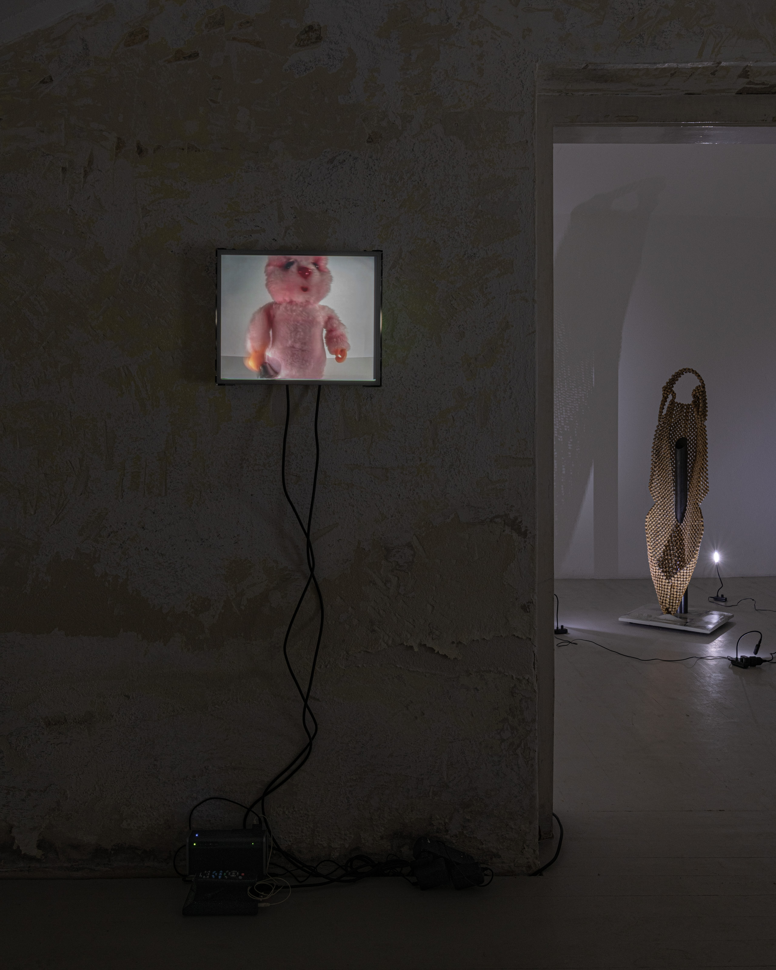 Installation View, Any justice needs a lie, Anna Jermolaewa, Solo, Video, 1999, René Stiegler, The best part of pretend is the end, Wood, Epoxy, Steel, PLA, Varnish, Concrete, 2026