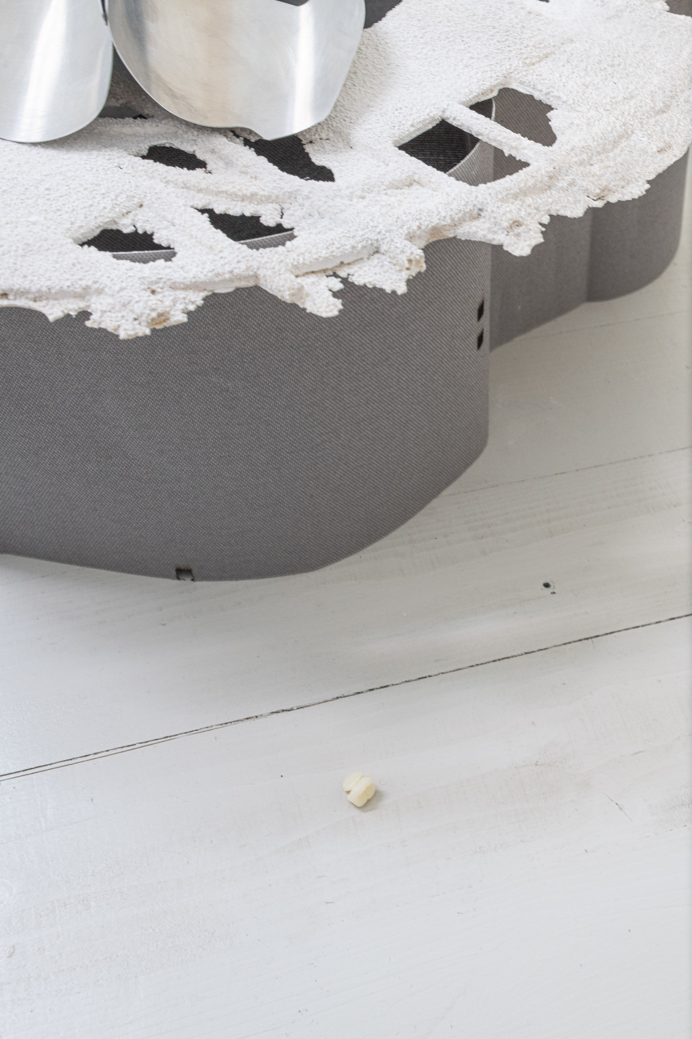 Markus Sworcik, 'Hovering radius, no fix', Aluminium, Chalk, Wax, Fabric, Epoxy sand, PLA, Silicon powder, 48 x 41 x 7.5 cm, 2025  